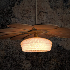 Suspension fleur, modèle Pâquerette, La Petite, 55cm de diamètre, 12 pétales en rotin et lin blush et son globe vintage en verre de Clichy rose classique - Lampes et veilleuses neuf - photo_4