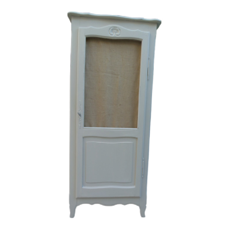 Armoire vintage en bois, sa finition beige, et sa porte habillée d’une toile de jute naturelle - Armoires et Secrétaires vintage vintage - photo_2